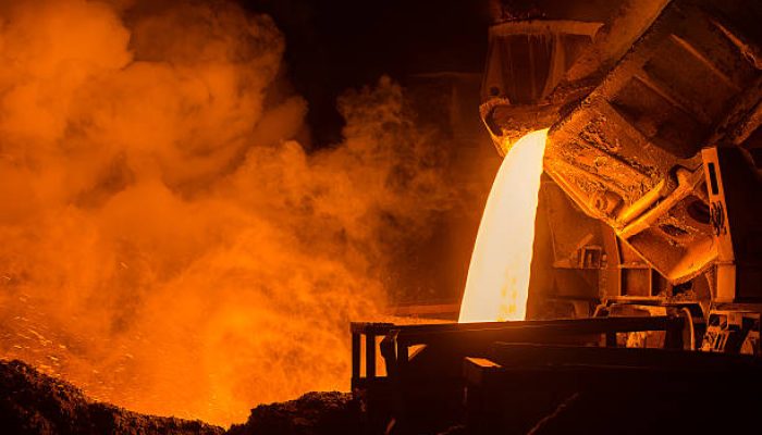 very hot steel pouring in steel plant